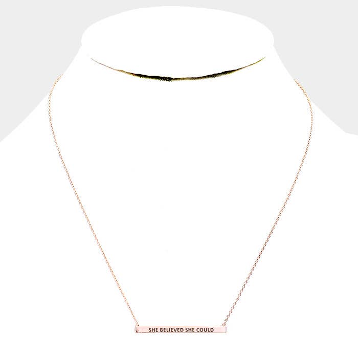 'She Believed She Could' Horizontal Metal Bar Pendant Necklace: Montana Boho Western Spirit Jewelry