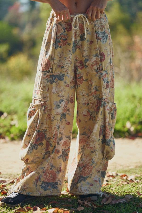 FLOWER PRINTED DENIM WAIST DROPPED POCKETS PANT—FREE SPIRIT DREAMER Series