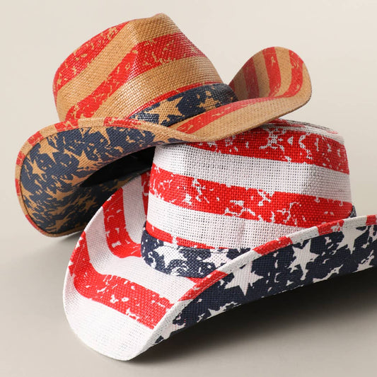 Vintage Americana Stars Stripes Straw Cowboy Hat (Red Theme)