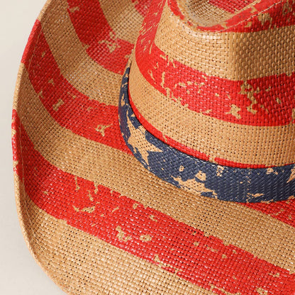 Vintage Americana Stars Stripes Straw Cowboy Hat (Red Theme)