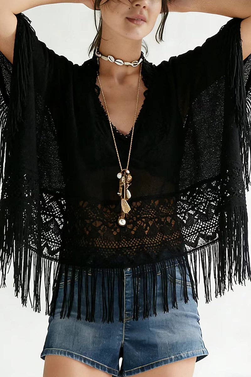 Montana Boho Western Spirit Fashion: Fringe-Trim Floral Blouse