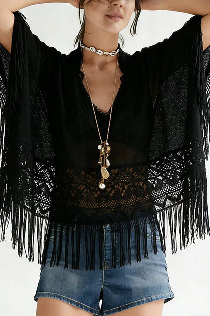 Montana Boho Western Spirit Fashion: Fringe-Trim Floral Blouse