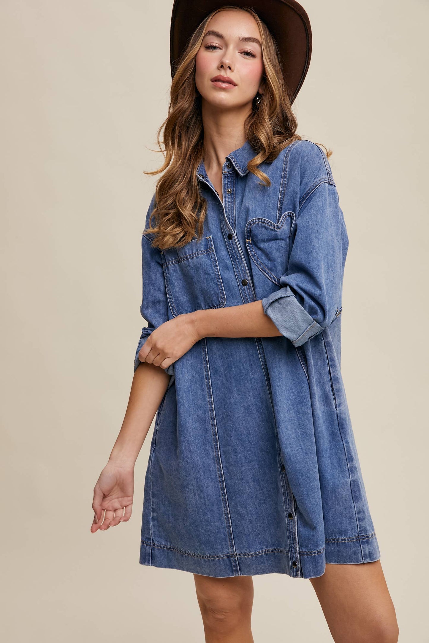 Denim Heart-Pocket Shirt Dress—Montana Boho Western Spirit Fashion: