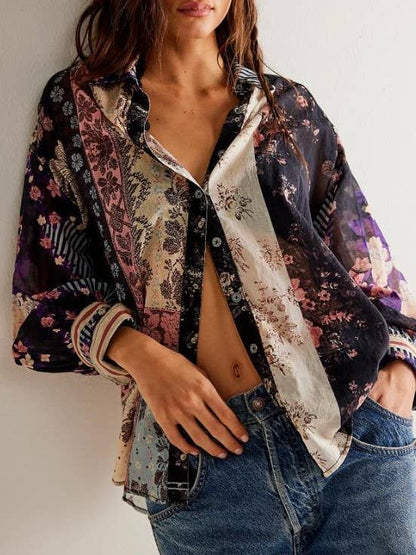Bohemia Chic Vibe Floral (patchwork print button-up shirt)—Montana Boho Western Spirit Fashion: