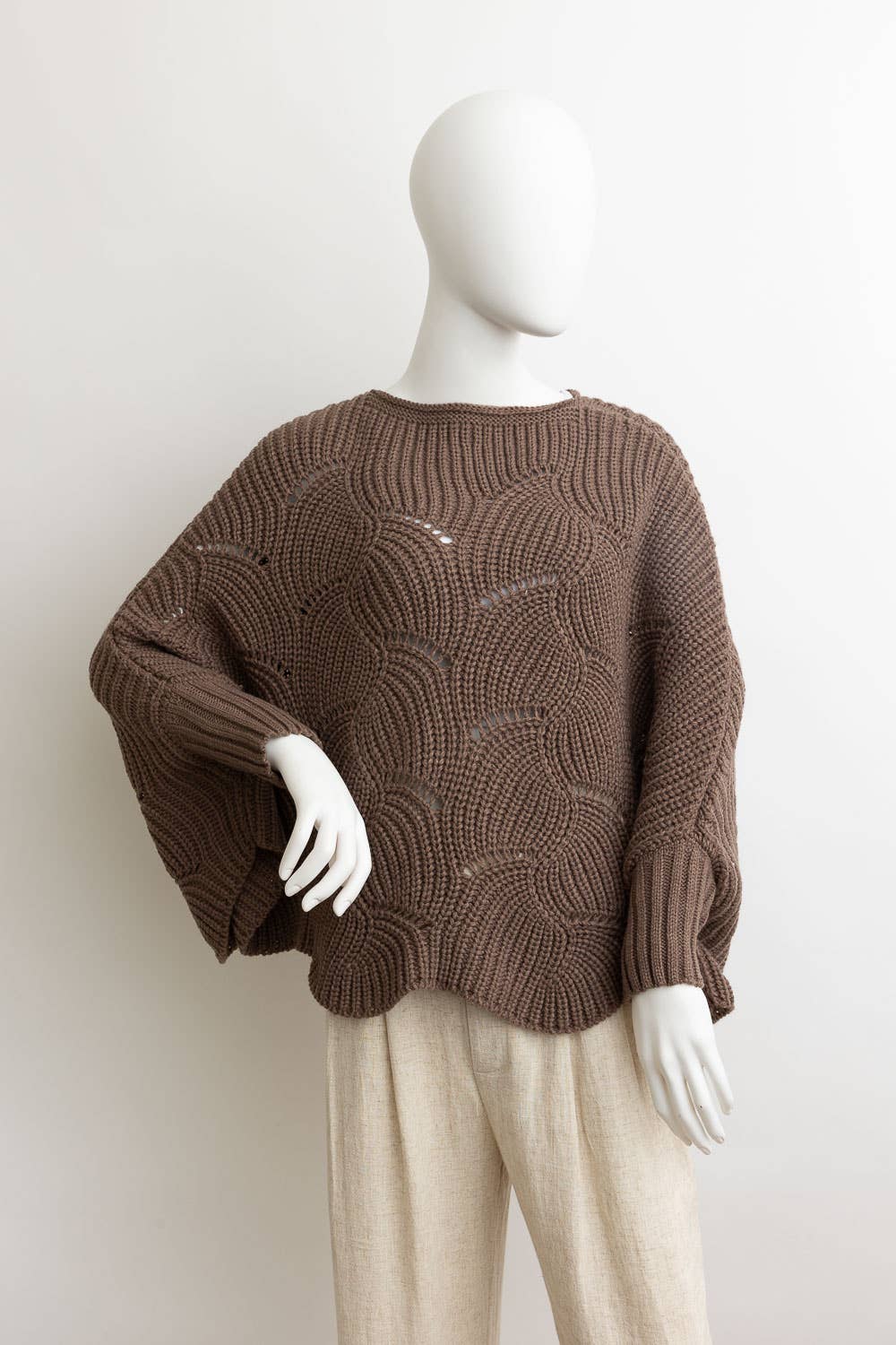 Ribbed Knit Pattern Poncho w/ Sleeves (Olive)