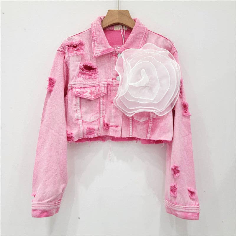 Be A Show-Stopper—Simply IRRESISTIBLE: Distressed Denim Jacket w/Floral Design