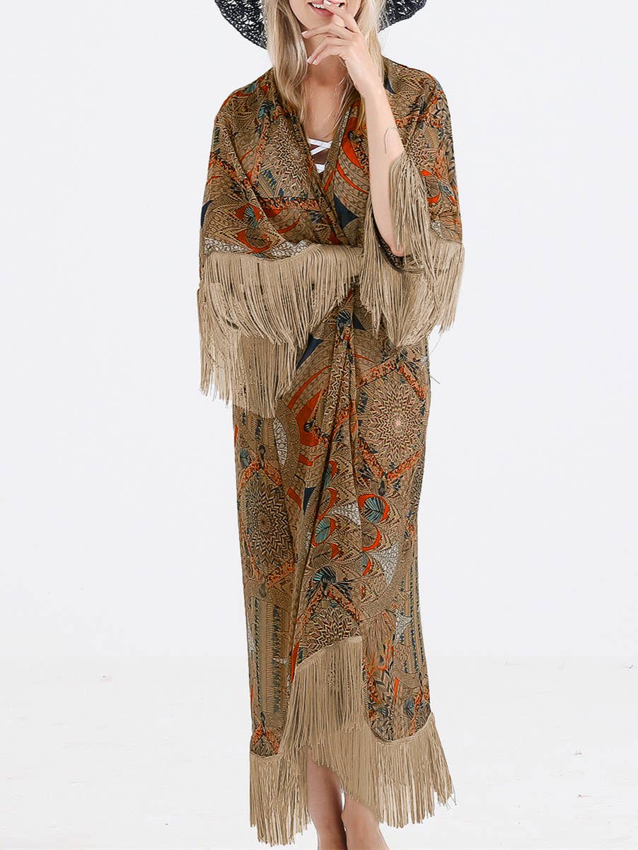 Bohemian Multicolor Print Fringe Kimono Cover-Up