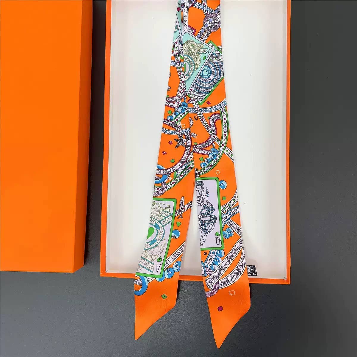MULTI PATTERN SKINNY SCARF, Twillly Orange & Blue)