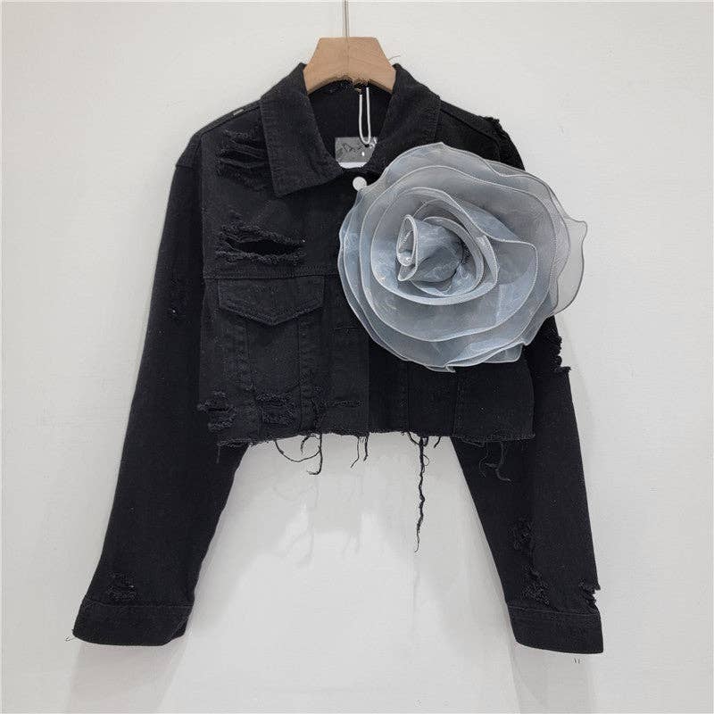 Be A Show-Stopper—Simply IRRESISTIBLE: Distressed Denim Jacket w/Floral Design