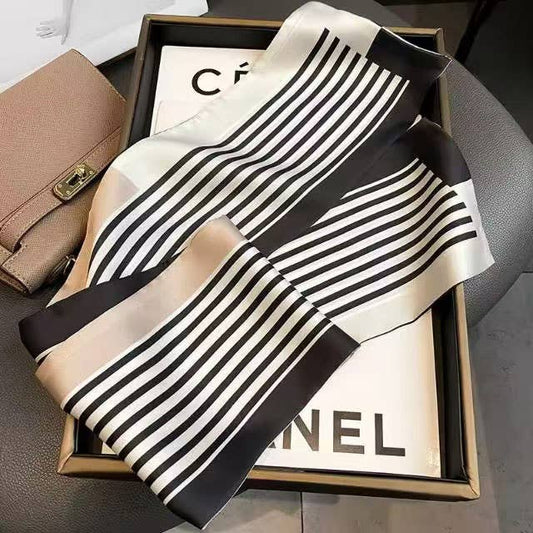 STRIPE BORDER PANEL PATTERN SILKY BANDANA SQUARE NECK (Chanel)