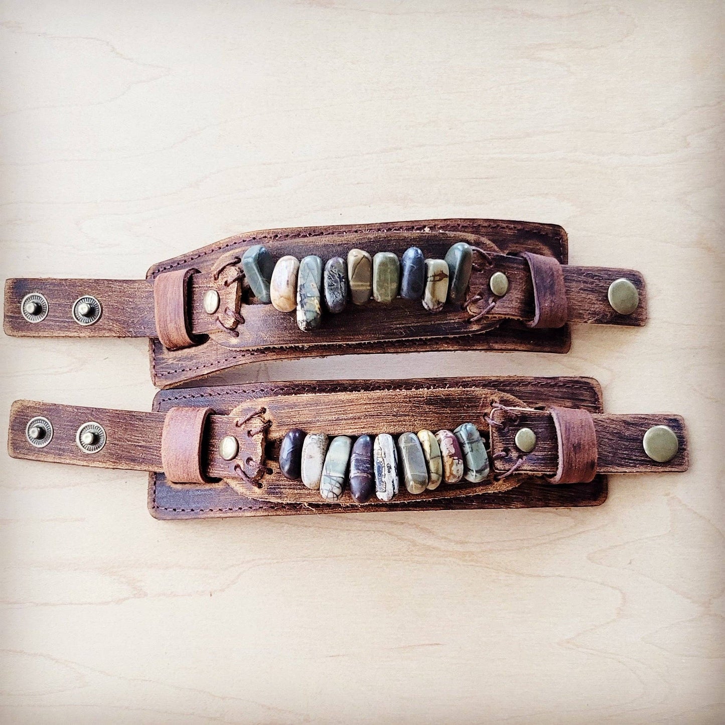 Genuine Leather Cuff with Picasso Jasper Gemstone Chunks —Montana Boho Western Spirit Jewelry: