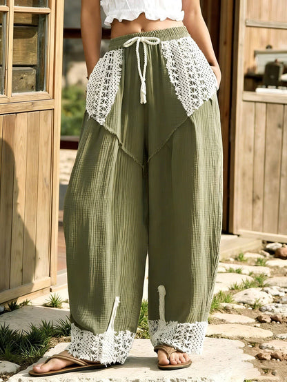 BOHO Vintage Western Lace Patchwork Drawstring Pants (Green)