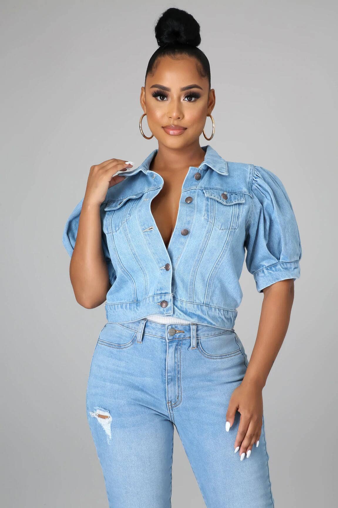 Be A Show-Stopper: Casual Sweet Short Puff Sleeve Crop Denim Jacket
