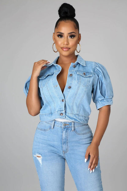 Be A Show-Stopper: Casual Sweet Short Puff Sleeve Crop Denim Jacket