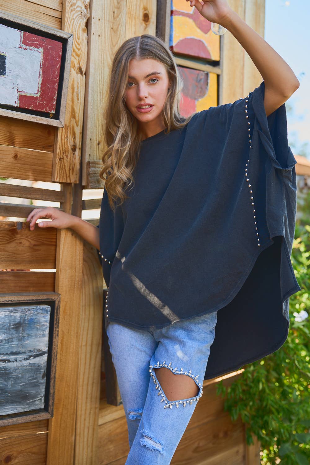 Simply Irresistible, Be the showstopper:  Roll-Up Sleeve Studded High Low Tee