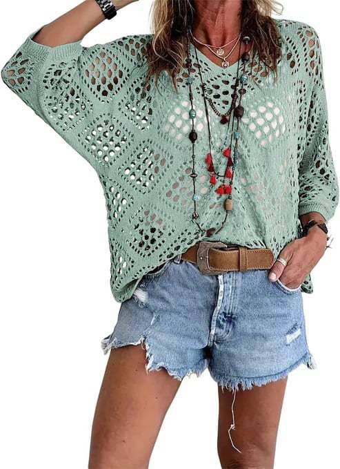 Bohemian Hollow Batwing Sleeve Crochet Poncho Top