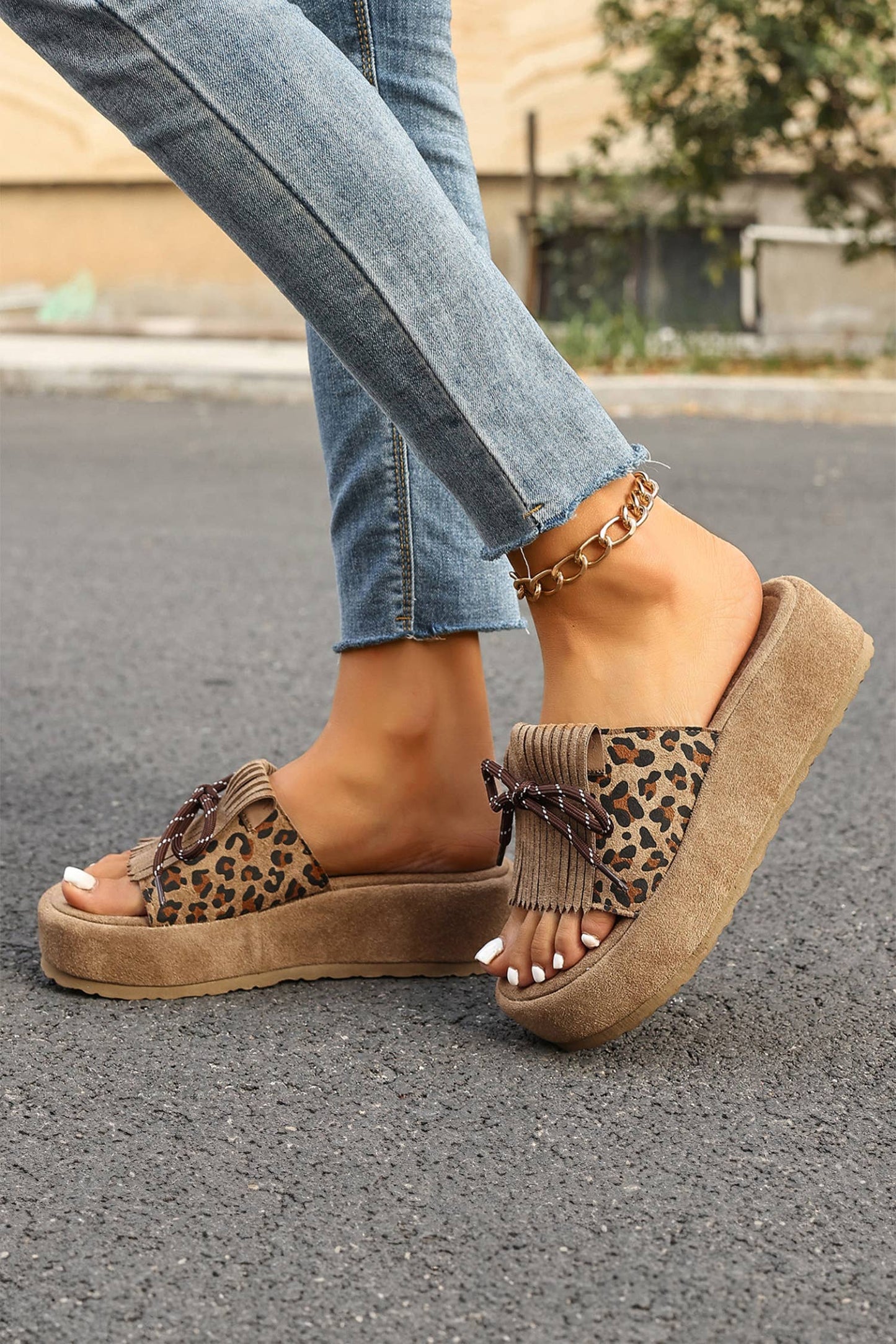 Montana Boho Western Spirit Shoes: Leopard Faux Suede; Lace-up Detail Platform Sandals
