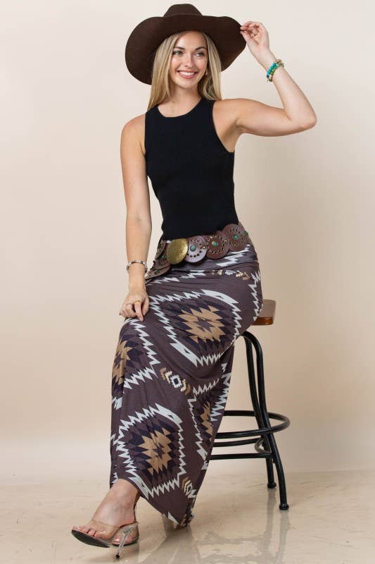 Montana Boho Western Spirit Fashion:  AZTEC PRINT A-LINE KNIT FULL SKIRT