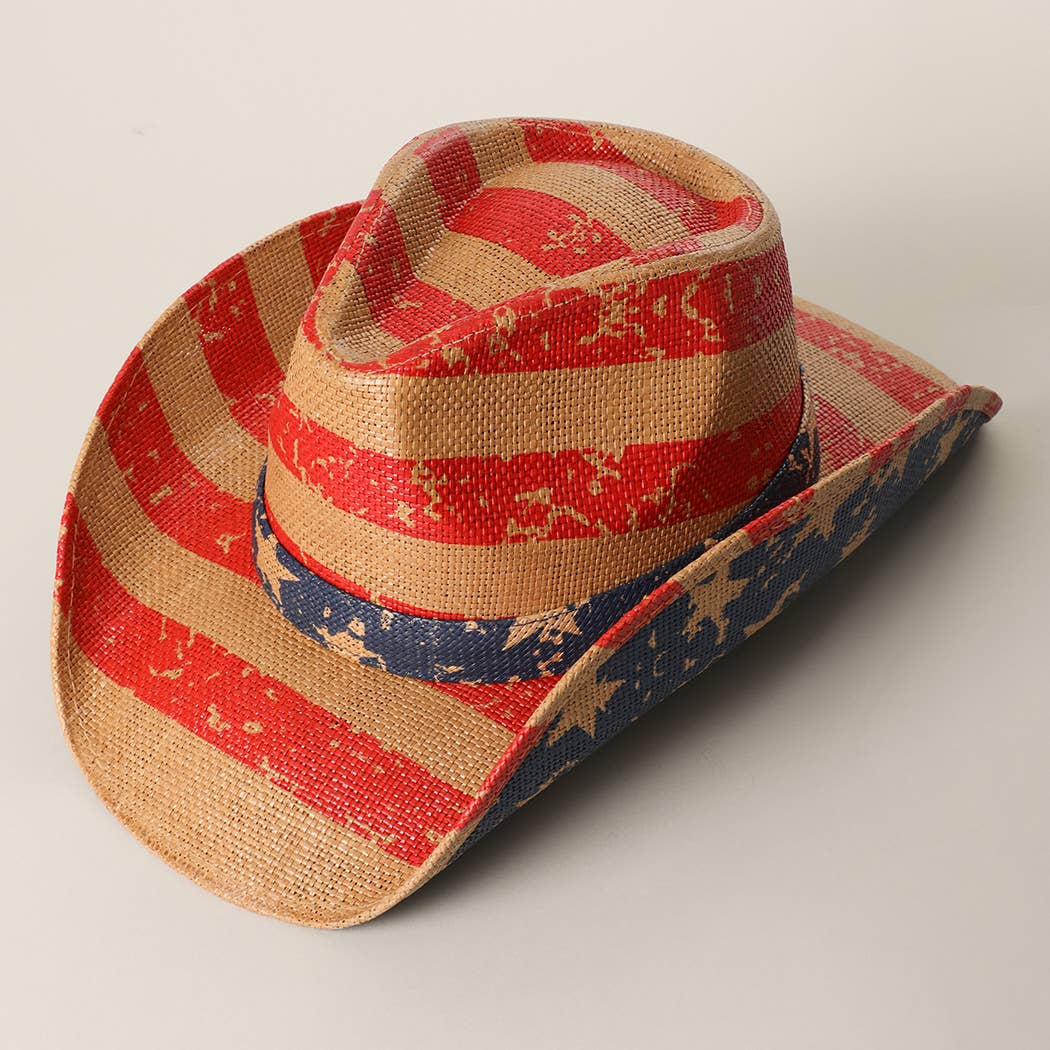 Vintage Americana Stars Stripes Straw Cowboy Hat (Red Theme)