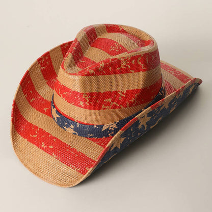Vintage Americana Stars Stripes Straw Cowboy Hat (Red Theme)