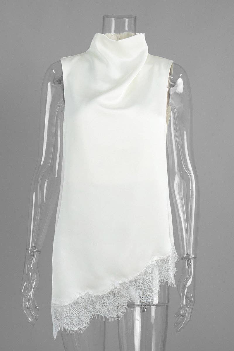 Lace-Trim High-Neck Asymmetrical Tank Top
