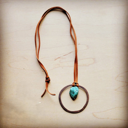 Leather Cord Necklace Antique Gold Hoop & Natural Turquoise—Montana Boho Western Spirit Jewelry