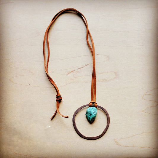Leather Cord Necklace Antique Gold Hoop & Natural Turquoise—Montana Boho Western Spirit Jewelry