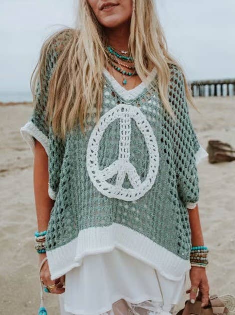 Love & peace open knit top short sleeve oversized crochet top