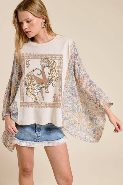 FREE SPIRIT DREAMER Series: Vintage Tigers Boho Frame Graphic Sheer Boho Kaftan Top