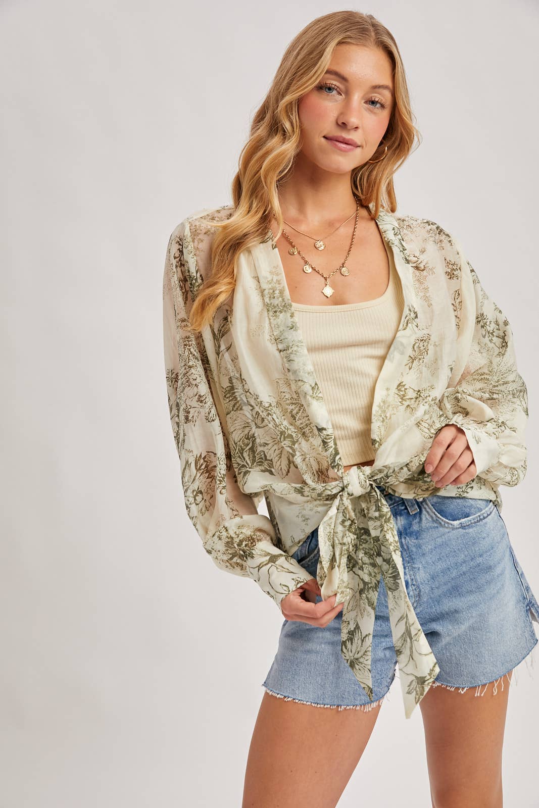 FREE SPIRIT DREAMER Series: BOTANICAL PRINT TIED FRONT BALLOON SLEEVED KIMONO