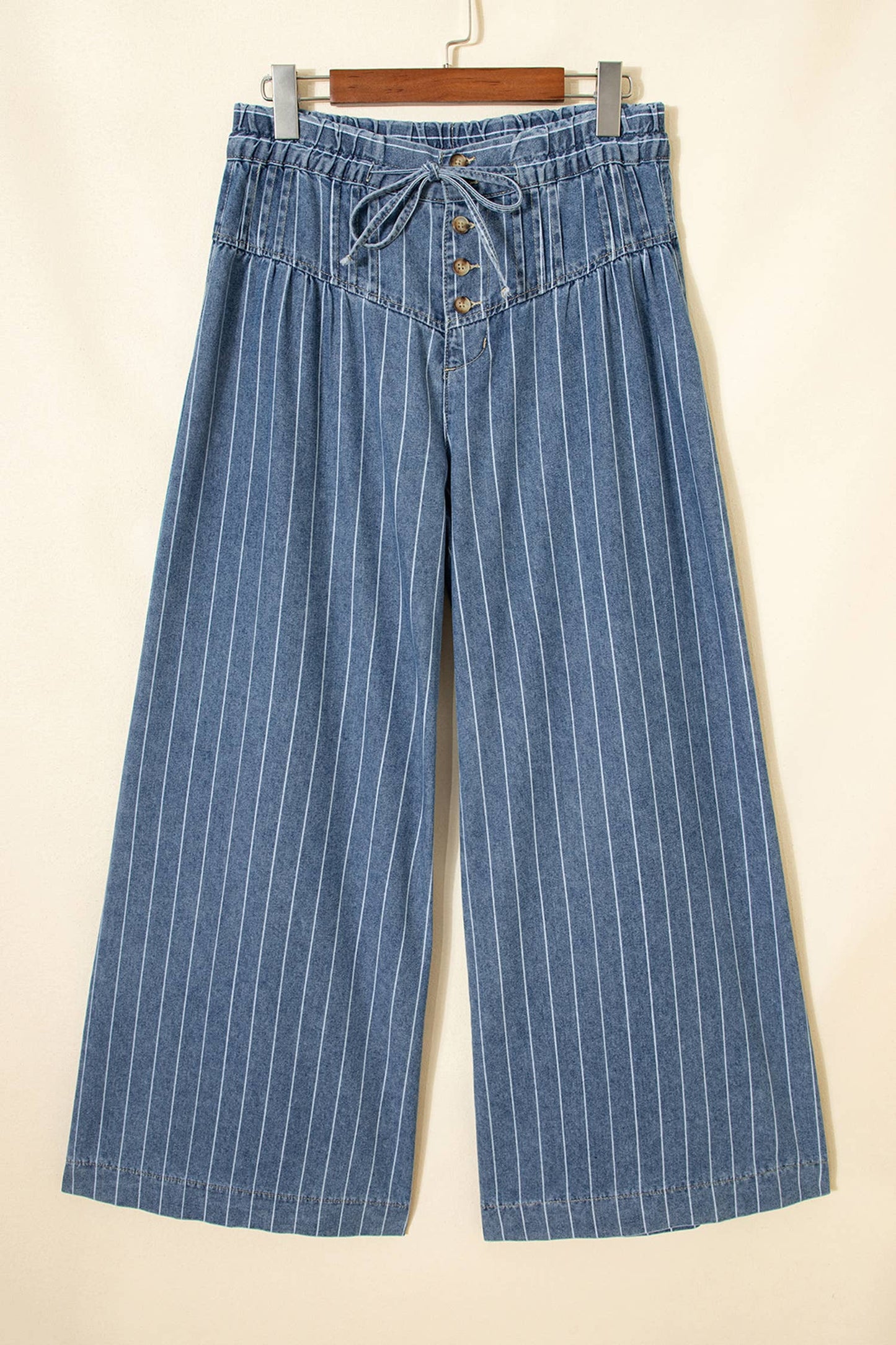 FREE SPIRIT DREAMER Series: Stripe Button Pleated Drawstring Waist Casual Wide Leg Jeans
