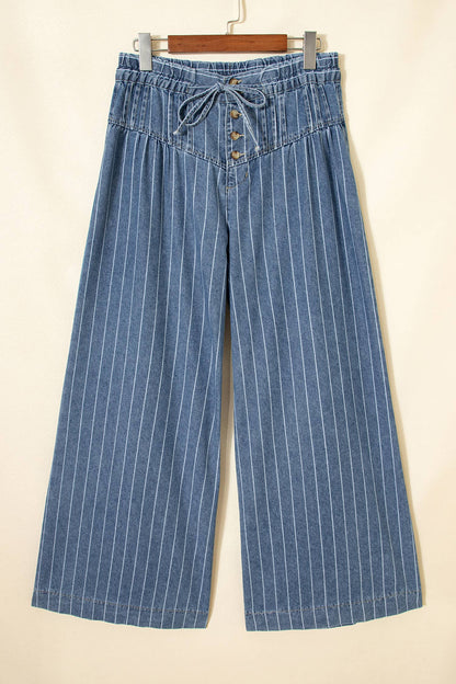 FREE SPIRIT DREAMER Series: Stripe Button Pleated Drawstring Waist Casual Wide Leg Jeans