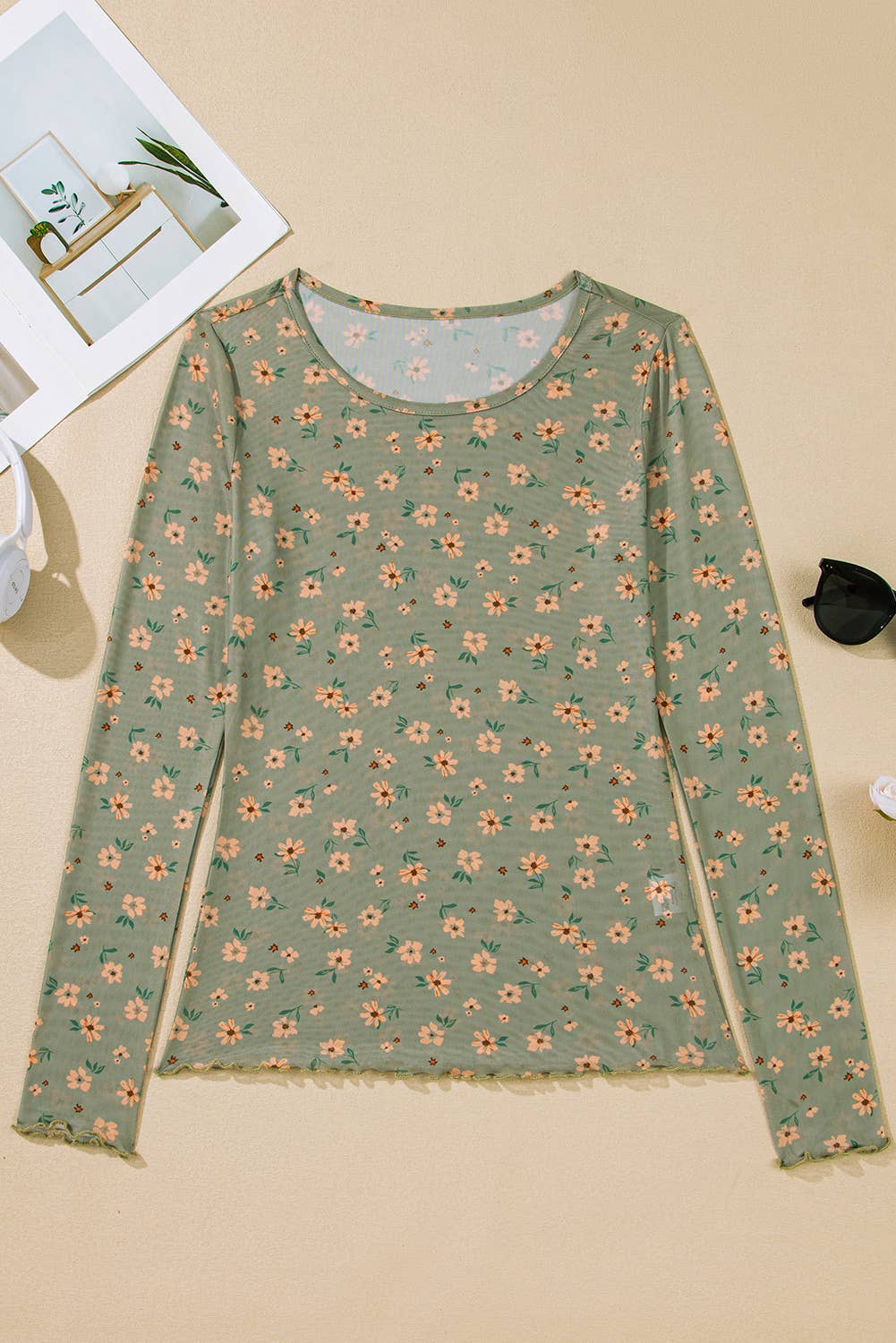 Montana Boho/Western Essentials: Vintage Floral Print Southern Style Mesh Long Sleeve Top