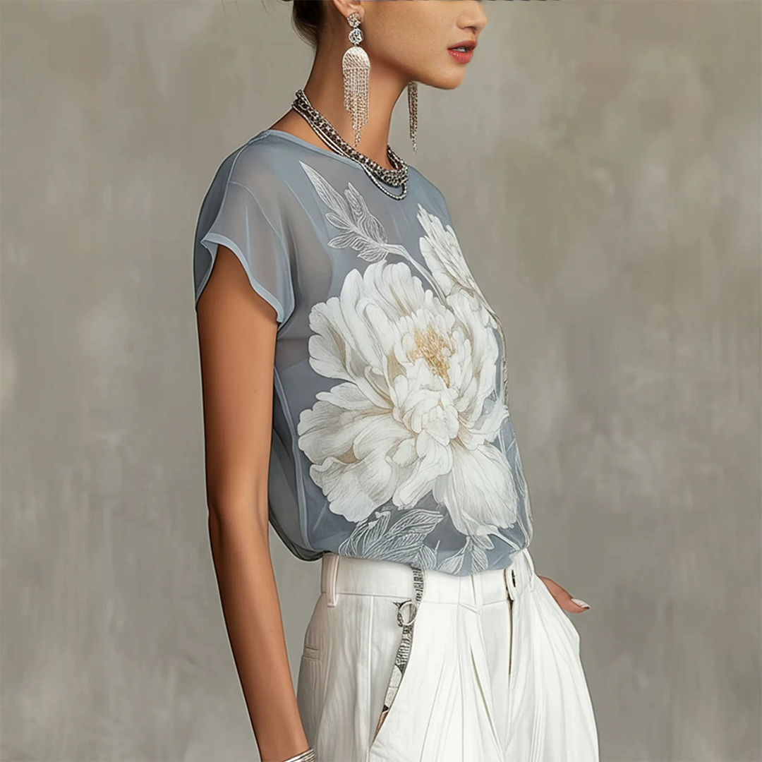 Floral Short Sleeve Lightweight Crew Neck Blouse (White Peony Floral)