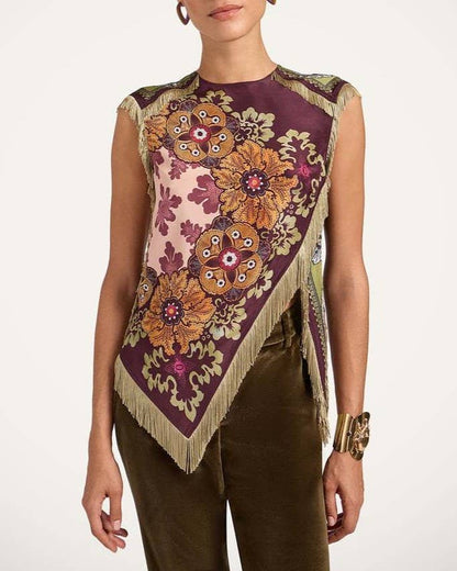 Boho Floral Print Asymmetric Tassel Trim Scarf Top