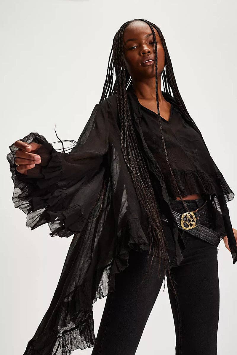 Tie-Neck Sheer Blouse with Ruffled Details