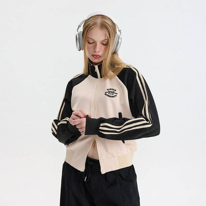 Color Block Striped Short Jacket With Stand Collar (Creme & Black)