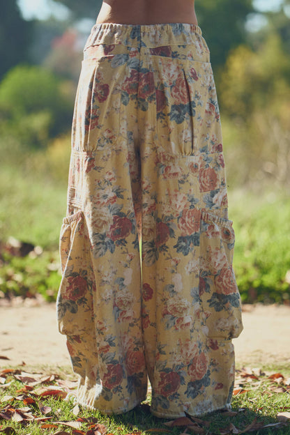 FLOWER PRINTED DENIM WAIST DROPPED POCKETS PANT—FREE SPIRIT DREAMER Series