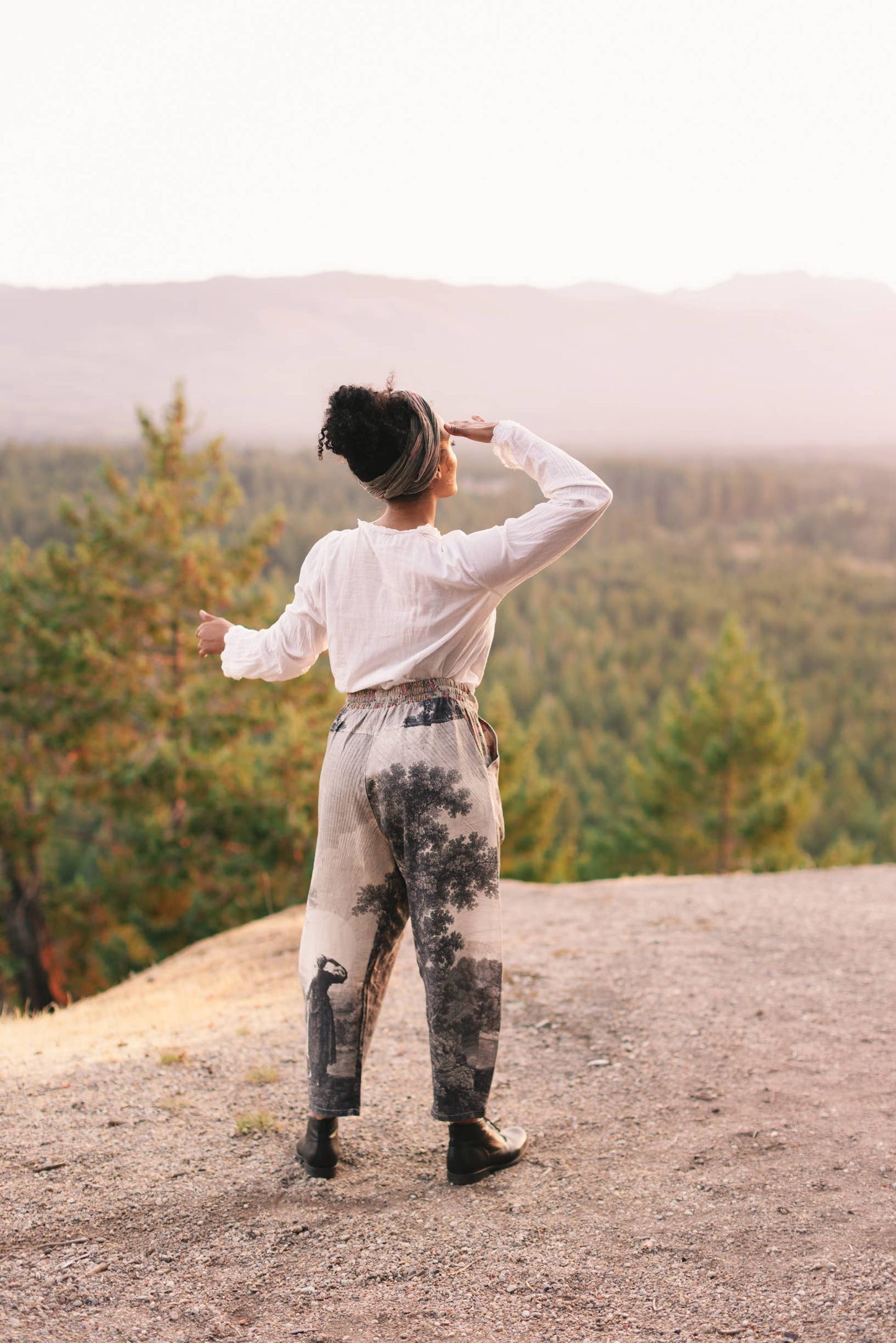 "Still I Rise"  Linen Cropped Artist Pant w/ Sunrise, Woman— FREE SPIRIT DREAMER Series: Boho & Free-People loving styles.