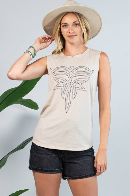 Montana Boho/Western Spirit Fashion: ALEX BOOT STITCH GRAPHIC SLEEVELESS TOP