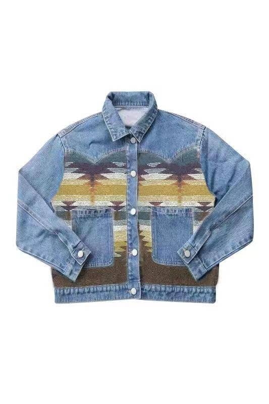 Denim Jacket with contrast fabric Aztec Print