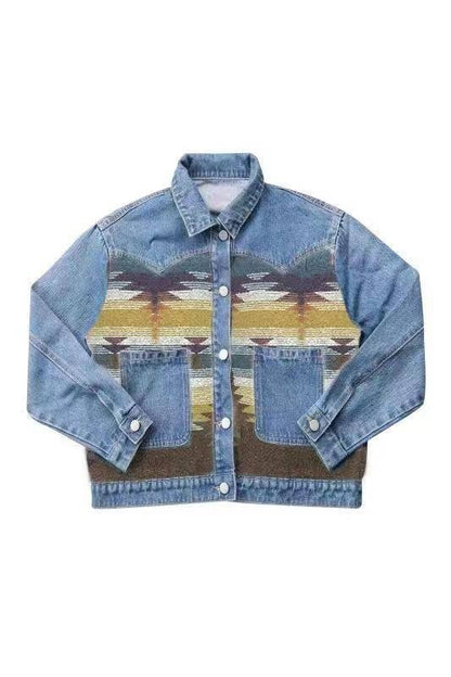 Denim Jacket with contrast fabric Aztec Print