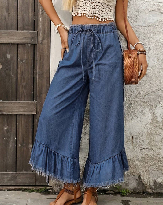 Boho High Waist Ruffle Frayed Denim Palazzo Pants