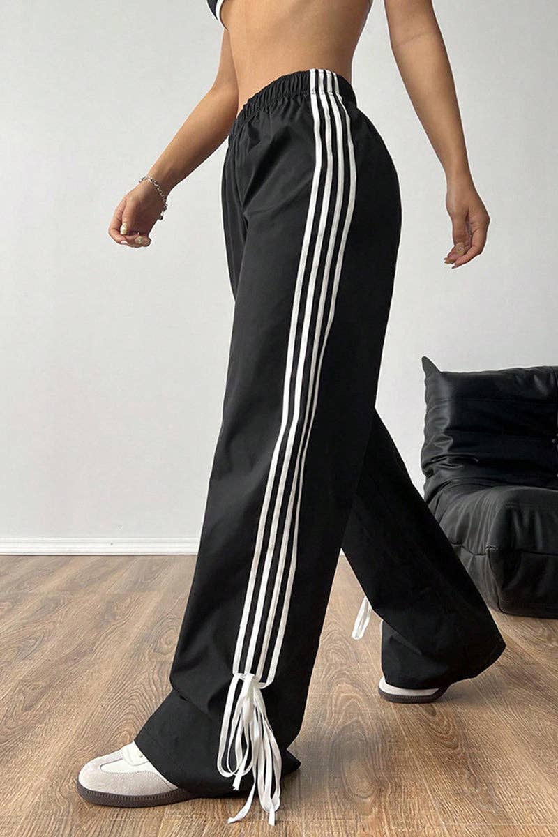 Leopard Print Stripe Casual Pants (Adorable three draw-string bows on hem)