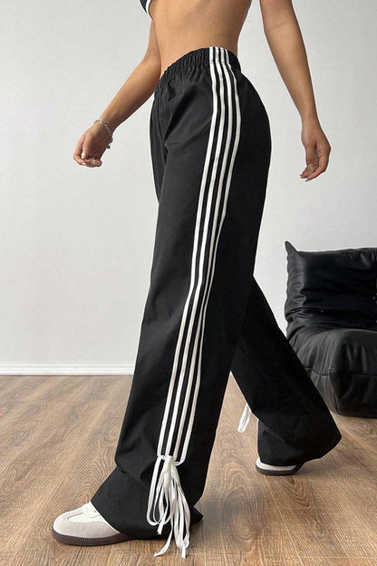 Leopard Print Stripe Casual Pants (Adorable three draw-string bows on hem)