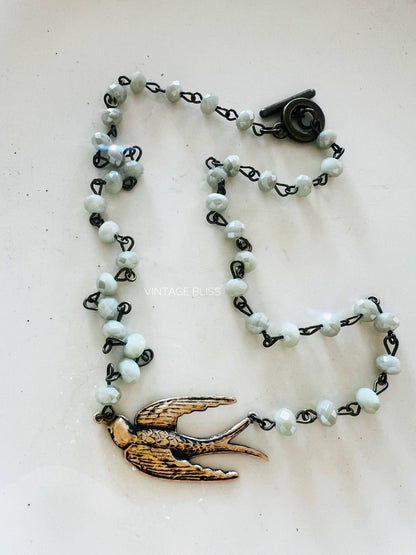 Fly Away Sparrow Brass Patina Beaded Chain Necklace: Montana Boho Western Spirit Jewelry
