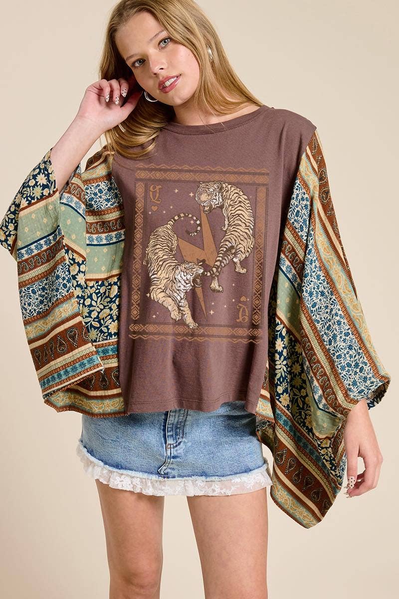 FREE SPIRIT DREAMER Series: Vintage Tigers Boho Frame Graphic Sheer Boho Kaftan Top