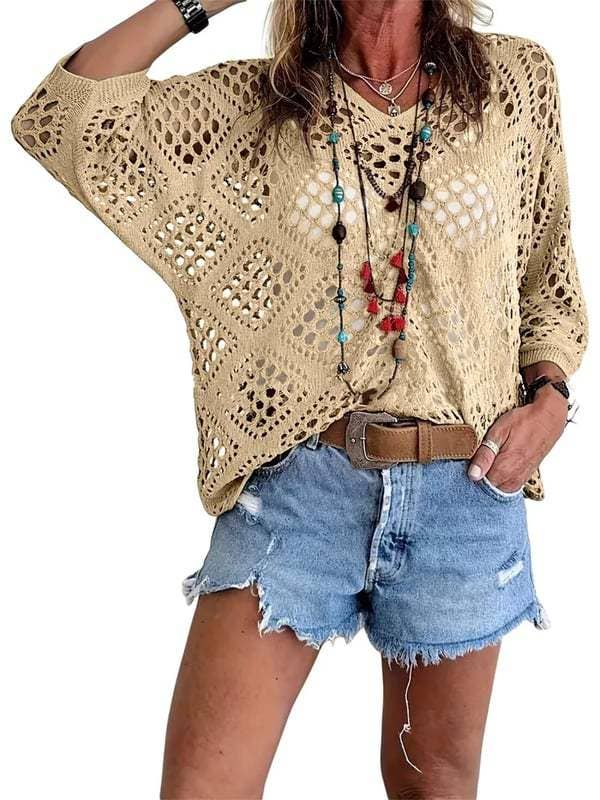Bohemian Hollow Batwing Sleeve Crochet Poncho Top