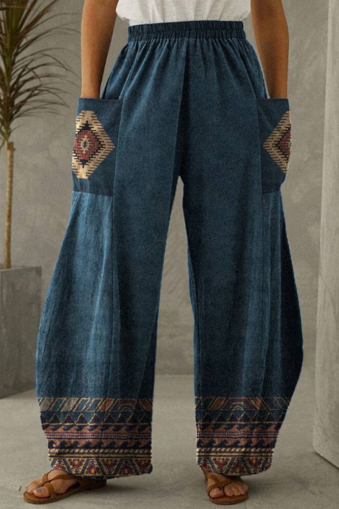 Aztec Print Pockets Western Wide Leg Pants (Light Weight)