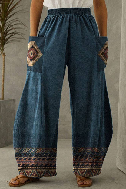 Aztec Print Pockets Western Wide Leg Pants (Light Weight)